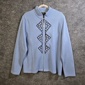 Bob Mackie Sweater Jacket Womens XL Blue Embroidered Full Zip Wearable Art